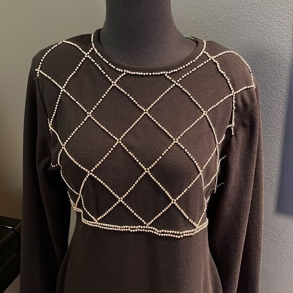 CDC gold bead diamond pattern bodice & cuffs knit maxi. Size 12. - Picture 2 of 9